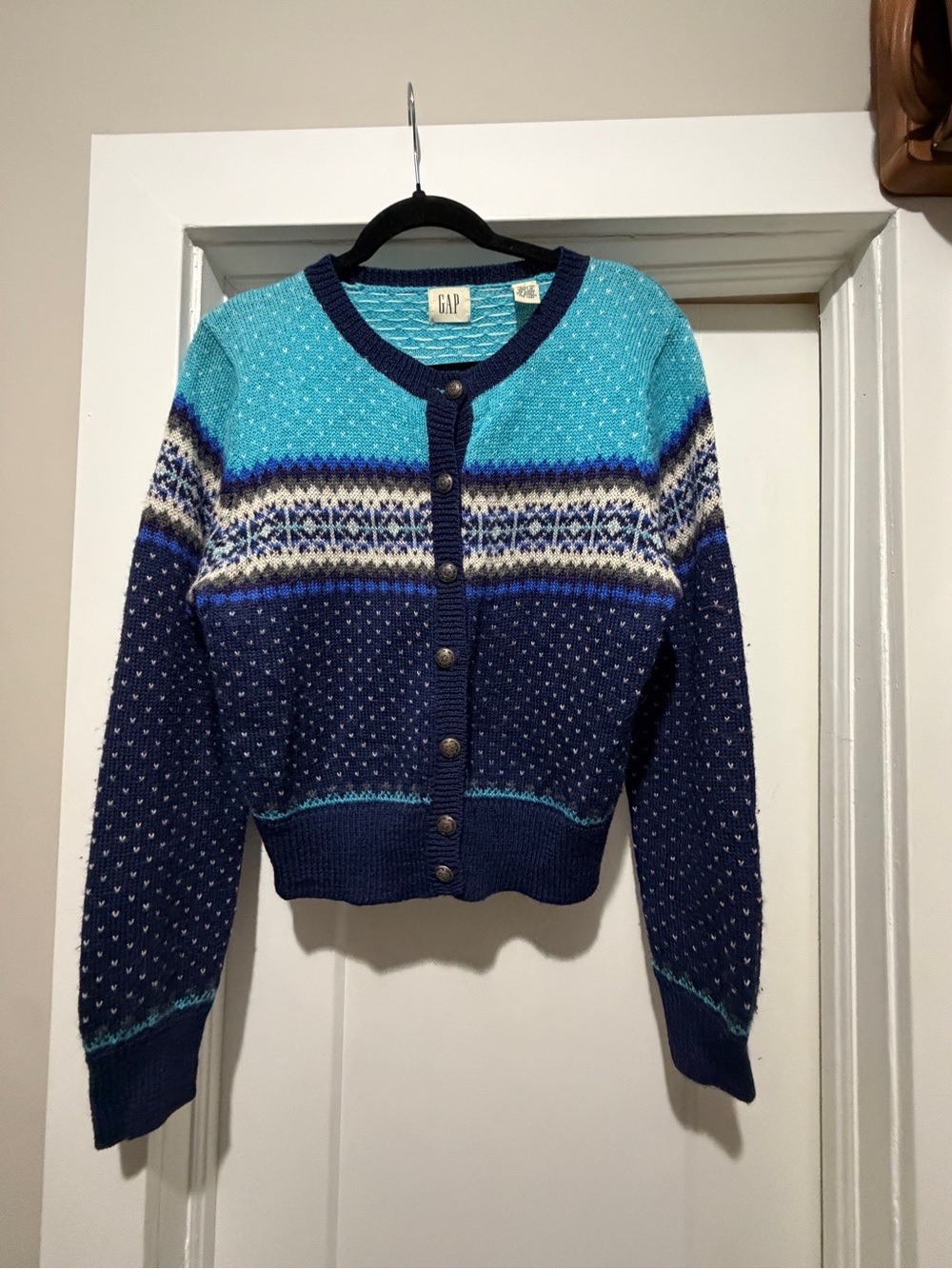 GAP Navy and Aqua Fair Isle Wool Knit Cardigan